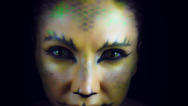 4K Horror Serpent Makeup Woman Appears from Darkness