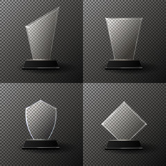 Glass trophy award set. Collection isolated on transparent background.Vector illustration.