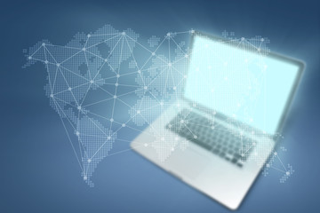 Concept of global connections. laptop with a Holographic Display