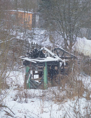 the house burned in the winter in the village.