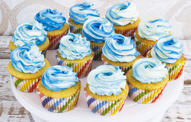 Festive cupcakes with cream in blue on a white wooden background