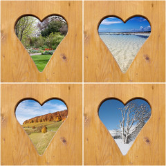 Door with heart-shaped holes with four season scenes collage