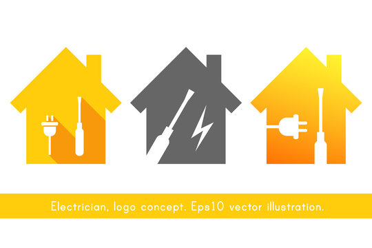 Electrician logo concept with house, plug and screwdriver. Yellow design set with work tool icons.