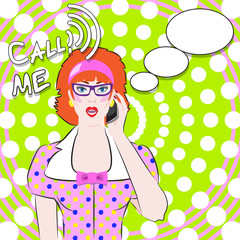 girl talking on cell phone on colour background. vector illustration