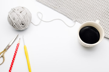 Workspace for crochet handmade, white background, desktop crochet handmade