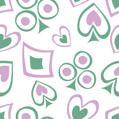 Seamless vector pattern with icons of playings cards. background with hand drawn symbols. Decorative green and pink repeat ornament. Series of Gaming and Gambling Seamless vector Patterns.