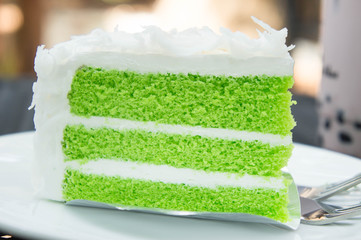 pandan and coconut cake , tasty cake in coffee shop