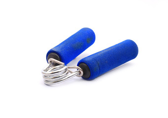 Fitness equipment blue hand grip isolated on white background.