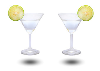 Lemon with martini glass on the white background, lemonade