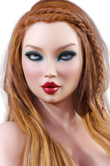 Fototapeta premium Portrait beautiful young girl with blue eyes and red lips. Soft skin. Blonde hair. Bright makeup. Photorealistic 3D render illustration. Isolate. High key photo.