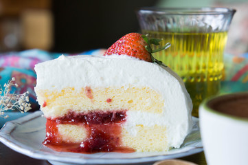 coffee cup and strawberry cake in coffee shop ,coffee relax time