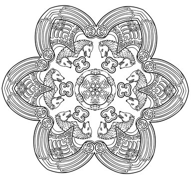 Vector illustration of decorative wolf mandala black and white