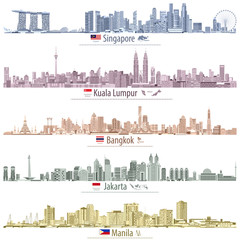 Singapore, Kuala Lumpur, Bangkok, Jakarta and Manila skylines (with maps and flags of the countries where these cities are capitals) in different color palettes vector illustrations