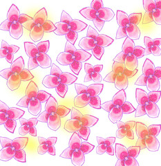 Raster pattern with solo pink hydrangea flowers on white sunny background. Spring party backdrop.