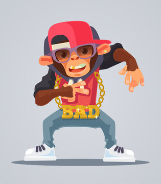 Cool Monkey Rapper Character In Modern Clothes. Vector Flat Cartoon Illustration