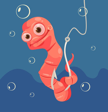 Cute worm character on hook. Vector flat cartoon illustration