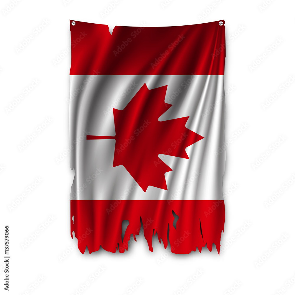 Poster torn by the wind national flag of canada. ragged. the wavy fabric on white background. realistic vec