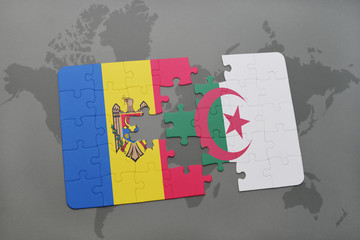 puzzle with the national flag of moldova and algeria on a world map
