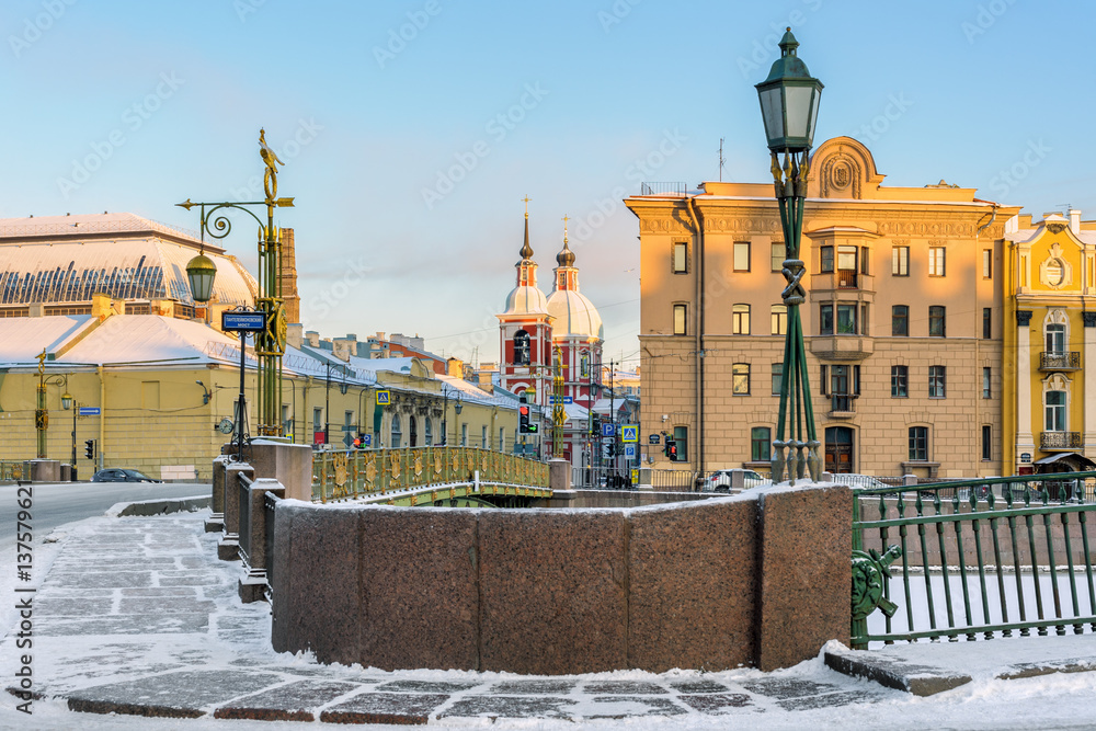 Wall mural View on Panteleimon bridge and Church of St Panteleimon the Healer on ulitsa Pestelya, St Petersburg; Russia