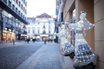 Christmas light angel decoration in a street of Prague.