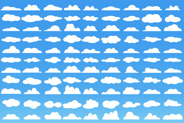 Cloud vector icon set white color on blue background. Sky flat illustration collection for web, art and app design. Different cloudscape weather symbols