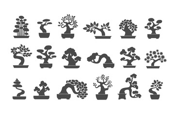 Black tree logo illustration icon set. Bonsai - obrazy, fototapety, plakaty