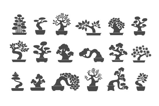 Black Tree Logo Illustration Icon Set. Bonsai