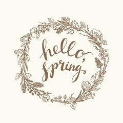 Hand drawn flower wreath with hello spring hand lettering
