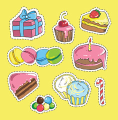 Fashion patch badges with candy, cake, jelly beans, gift.
