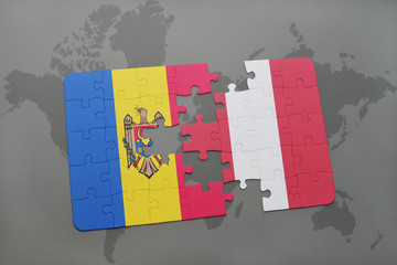 puzzle with the national flag of moldova and peru on a world map