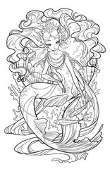 Illustration of pearl mermaid with curled hair, decorated with seashell elements, playing with fishes underwater in the sea. Black and white, anti-stress. Adult coloring books.