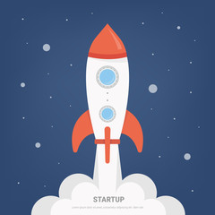 Rocket launch. New project start up concept in flat design style. Space for text. Vector illustration