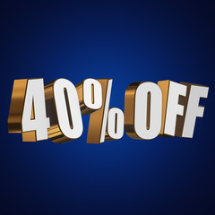 40 percent off letters on blue background. 3d render isolated.