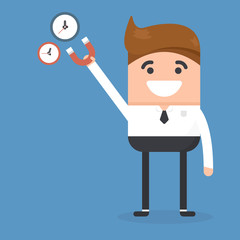 Businessman use magnet attracts time. Need and getting more time. Cartoon Vector Illustration.