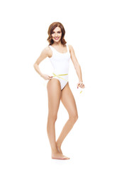 Fit and sporty girl in white underwear. Beautiful and healthy woman posing over isolated white background. Sport, fitness, diet, weight loss and healthcare concept.