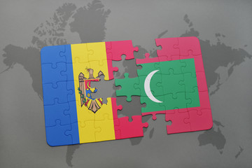 puzzle with the national flag of moldova and maldives on a world map