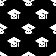 Graduation cap icon seamless pattern, tiling ornament on black. Vector background.
