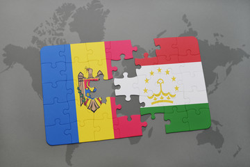 puzzle with the national flag of moldova and tajikistan on a world map