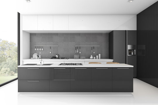3d rendering modern loft black kitchen with tile