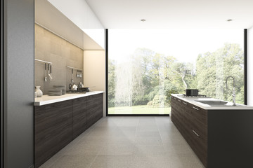 3d rendering wood kitchen with view from window