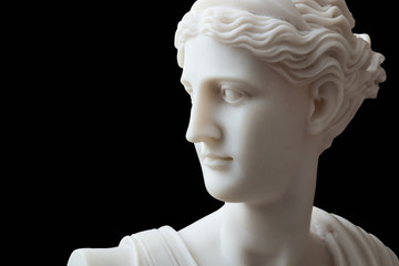 White head marble statue of roman Ceres or greek Demeter isolated on black