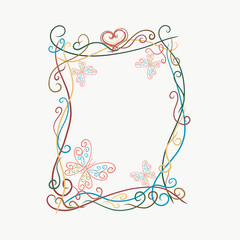Elegant bright frame with butterflies, painted lines with swirls	