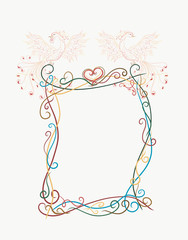 Elegant frame with beautiful and bright Sunbird, phoenix, painted lines with swirls	