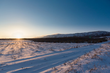 Sunset winter landscape with snow-covered field