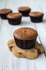 Chocolate cupcakes. Cupcakes. Cupcakes with berries,fruit,strawberries. Top view.colorful cupcake,tasty cake,colorful cream,cupcakes with summer berries on wooden background,close up,dessert concept