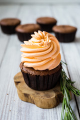 Chocolate cupcakes. Cupcakes. Cupcakes with berries,fruit,strawberries. Top view.colorful cupcake,tasty cake,colorful cream,cupcakes with summer berries on wooden background,close up,dessert concept