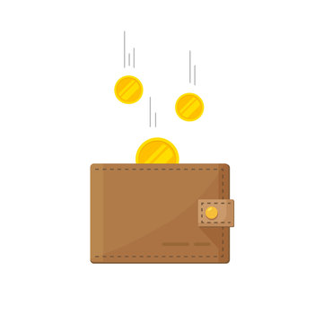 Cash money earnings on wallet icon vector, salary cashback income, golden coins money flying vector illustration, idea of fund savings, financial success, getting wealth,  isolated on white