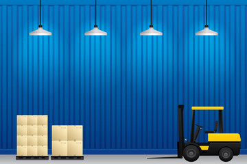 Vector of forklift truck with cardboard boxes and cargo container in warehouse. © Manovector