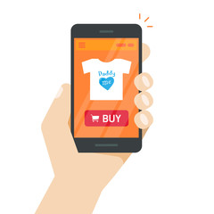 Online store on mobile phone vector illustration, internet shop website on smartphone screen in hand, product details web page with buy button flat style, concept of ecommerce, mobile shopping
