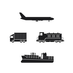 Vector of transport and logistics business with container truck, container cargo ship, cargo plane, container train icons isolated on white background.